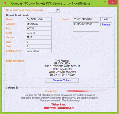 Picture of ComcastTIX.com Tickets PDF Generator