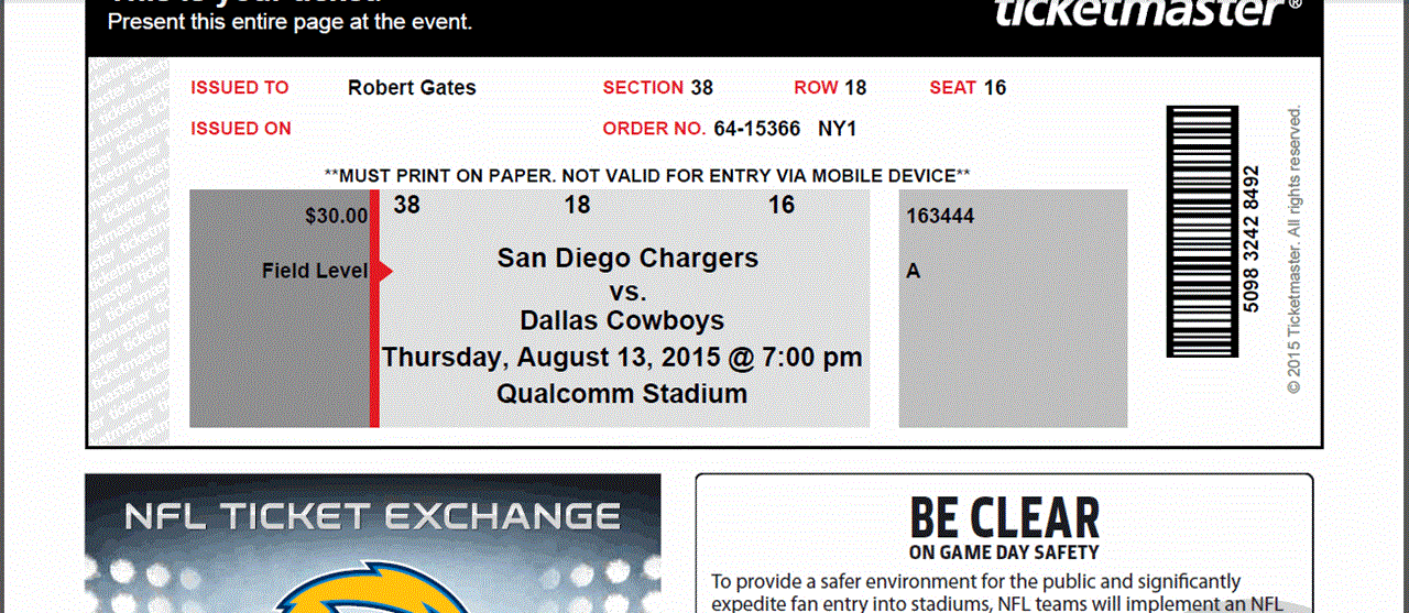 San Diego Chargers PDF Tickets Generator Ticket