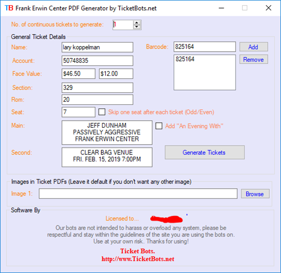 Picture of Frank Erwin Tickets PDF Generator