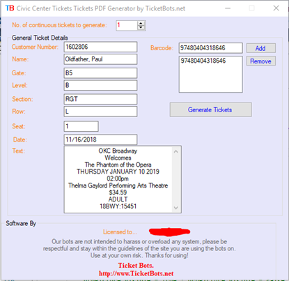 Picture of Civic Center Tickets PDF Generator