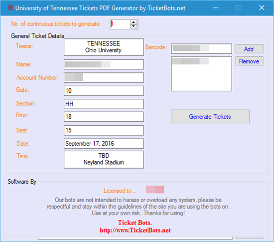 Picture of University of Tennessee Tickets PDF Generator
