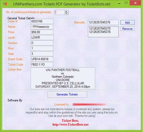 Picture of UNIPanthers.com Tickets PDF Generator