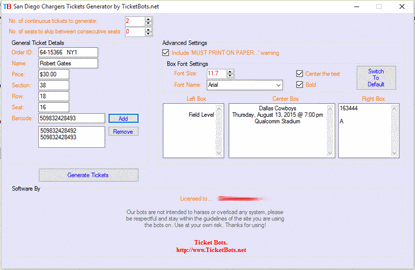Imagen de San Diego Chargers PDF Tickets Generator