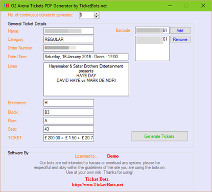 Picture of o2 Arena Tickets PDF Generator