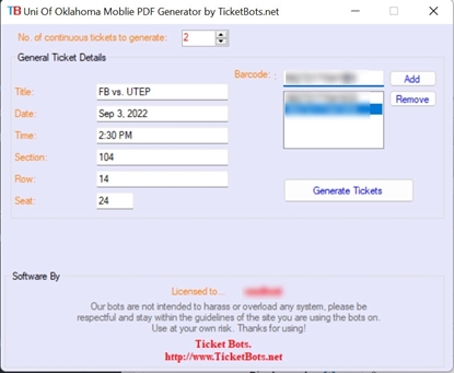 Picture of University Of Oklahoma Mobile Tickets (PDF) Generator